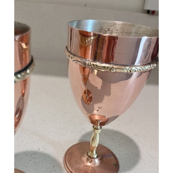 Set of 2 Orfe Mexican? Copper over Silver Wine Goblets Brass Stems Mixed Metals - Picture 7 of 14